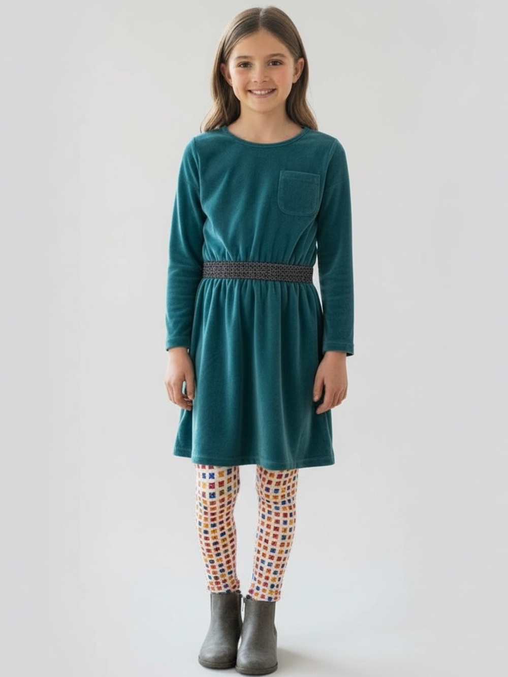Tea Girls Scuba Teal Velour Sparkle Waisted Long Sleeve Cozy Winter Dress Size 8